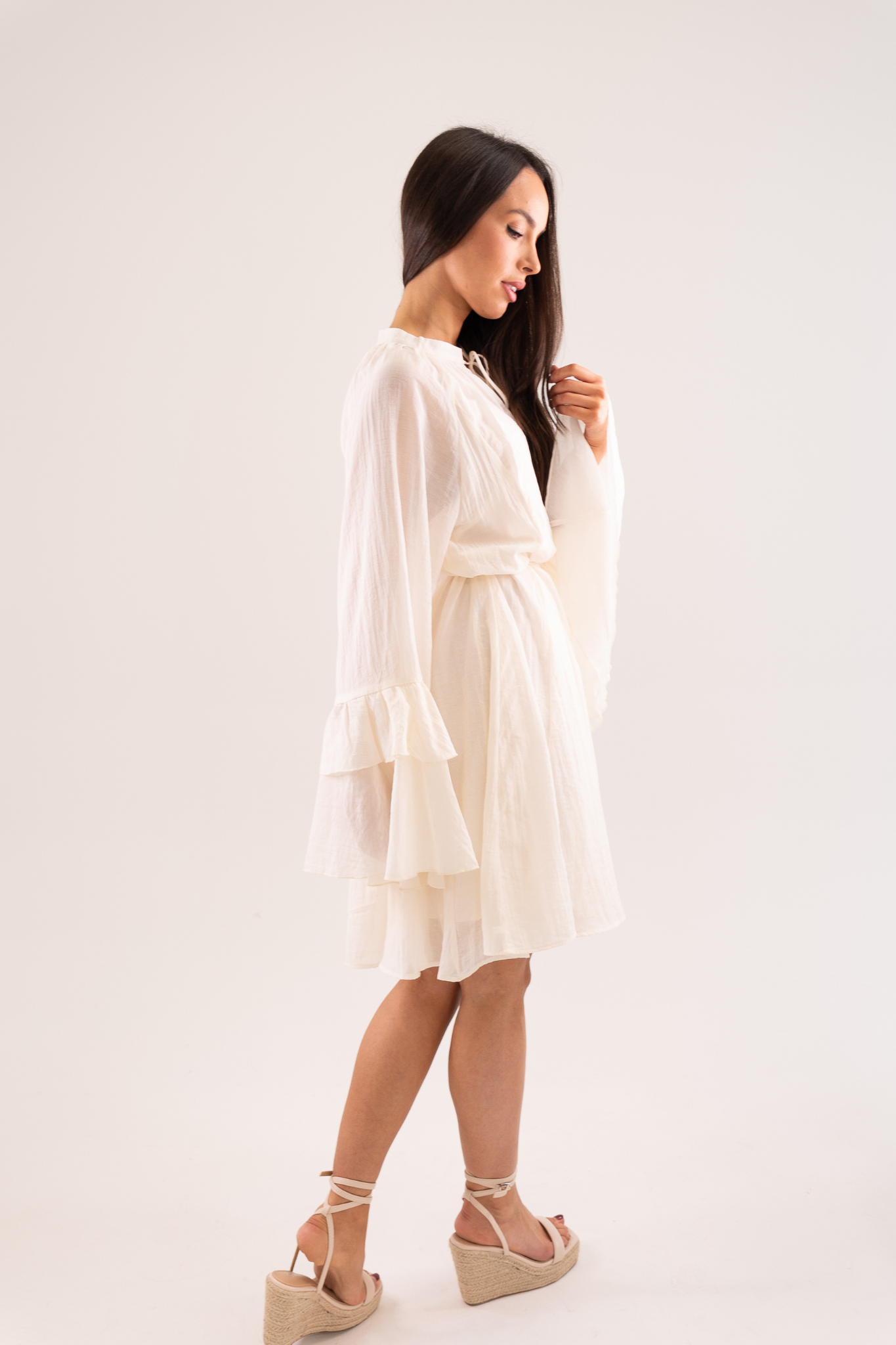 Elsa Ruffle Sleeve Dress In Neutral