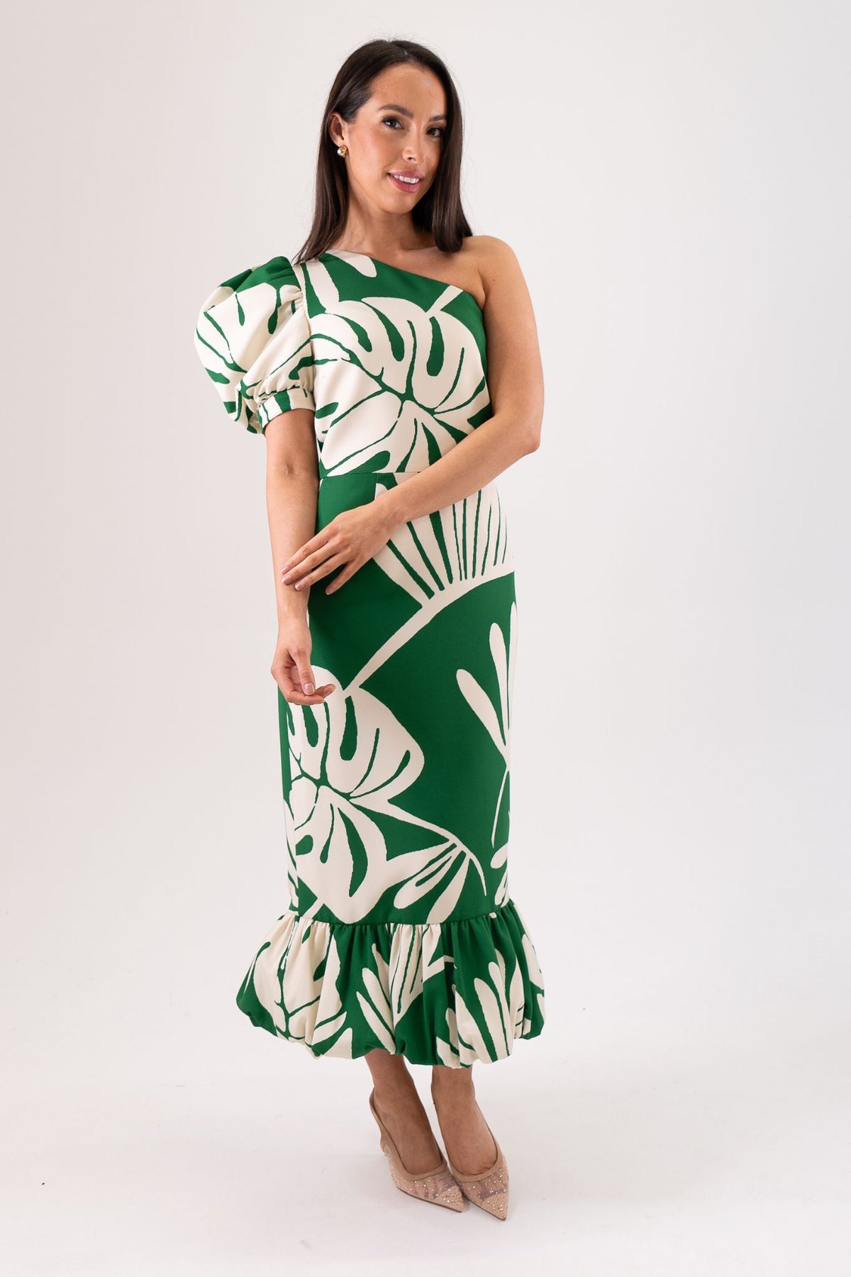Marissa Printed One Shoulder Dress In Green