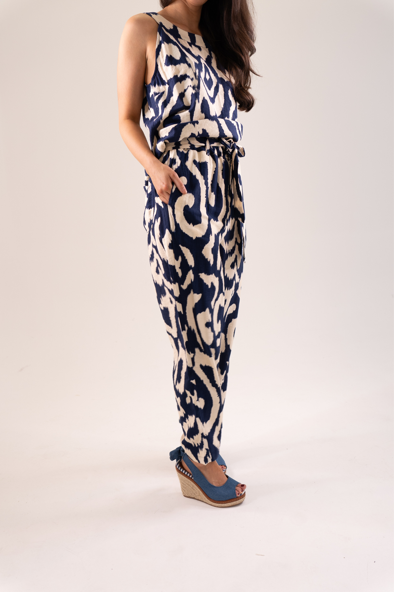 Becca Printed Paper Bag Trousers In Navy Mix