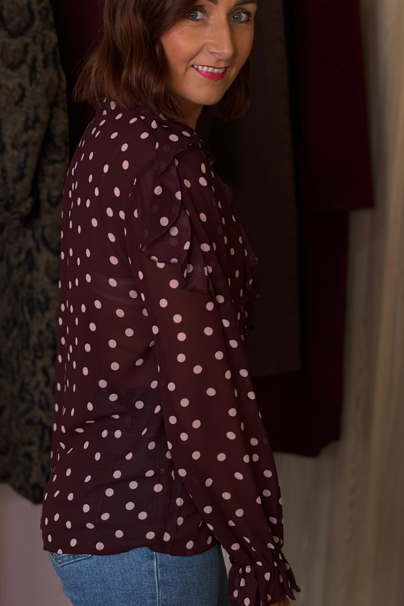 Millie Sheer Polka Dot Top In Wine