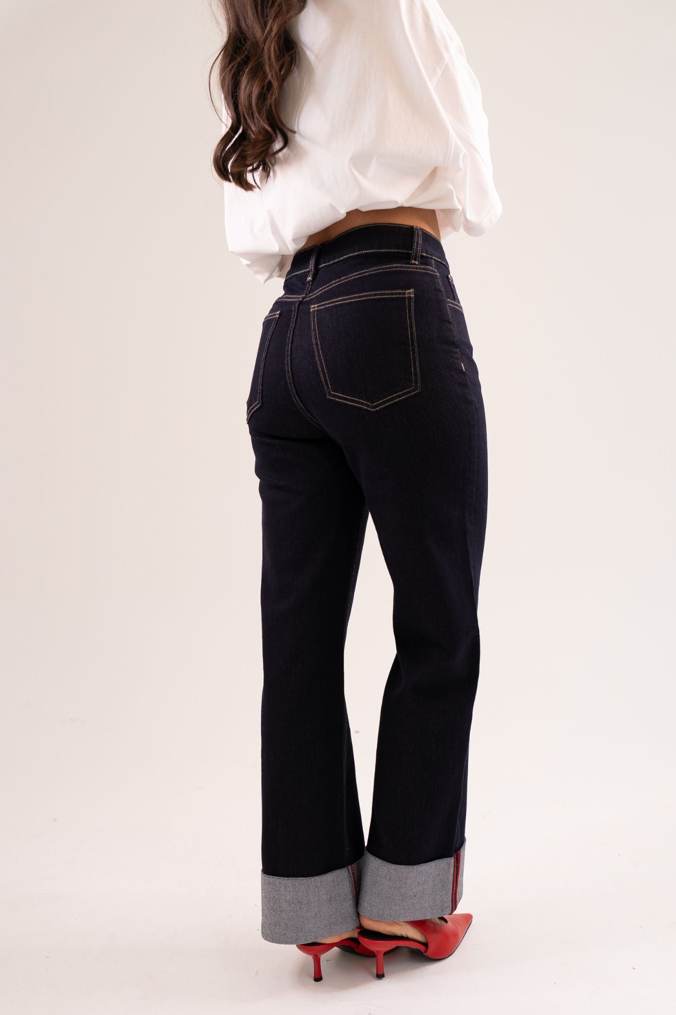 Love Laura Red Trim Turn Up Jeans In Dark Wash