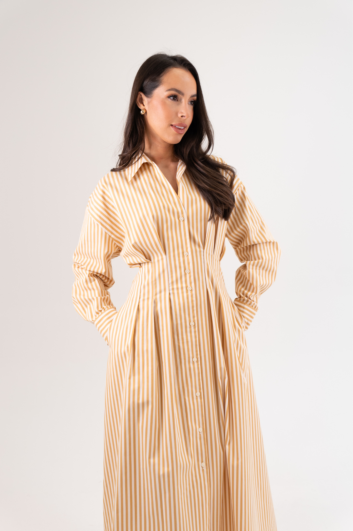 Eva Stripe Shirt Dress In Tan Mix
