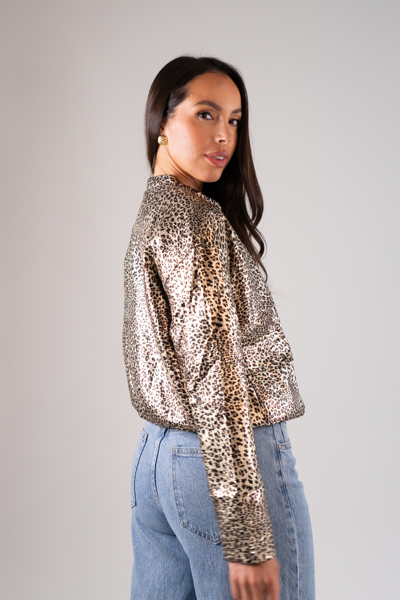 Ella Leopard Print Bomber Jacket In Gold