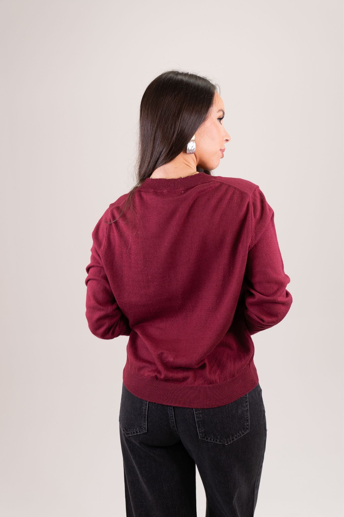 Elsa Round Neck Cardigan In Bordeaux