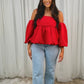 Lila Puff Sleeve Top In Red