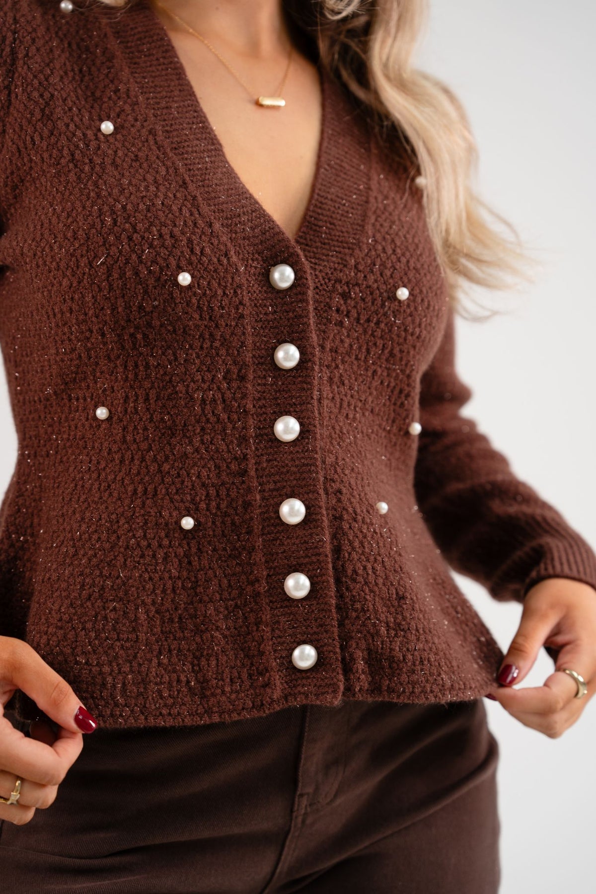 Love Laura Pearl Cardigan In Chocolate