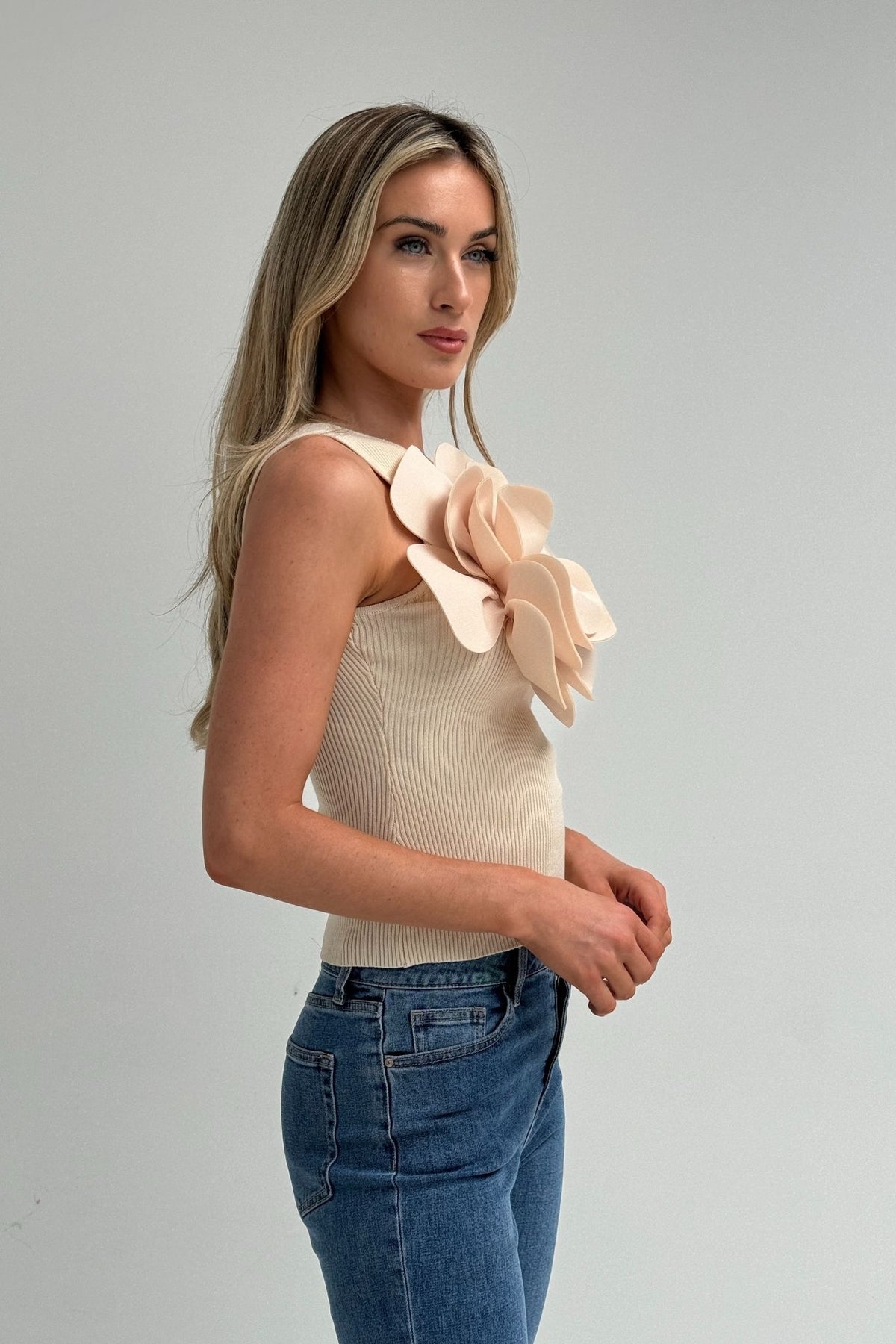 Maria One Shoulder Flower Top In Neutral