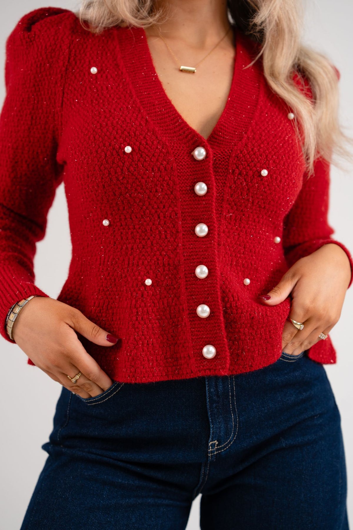 Love Laura Pearl Cardigan In Deep Red
