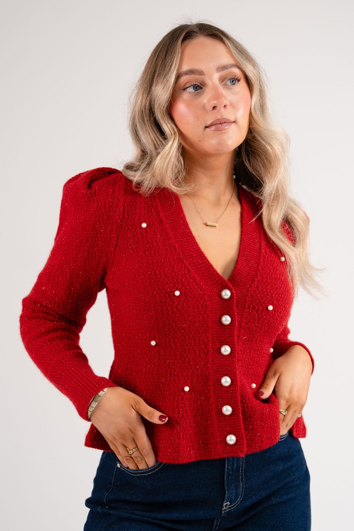 Love Laura Pearl Cardigan In Deep Red