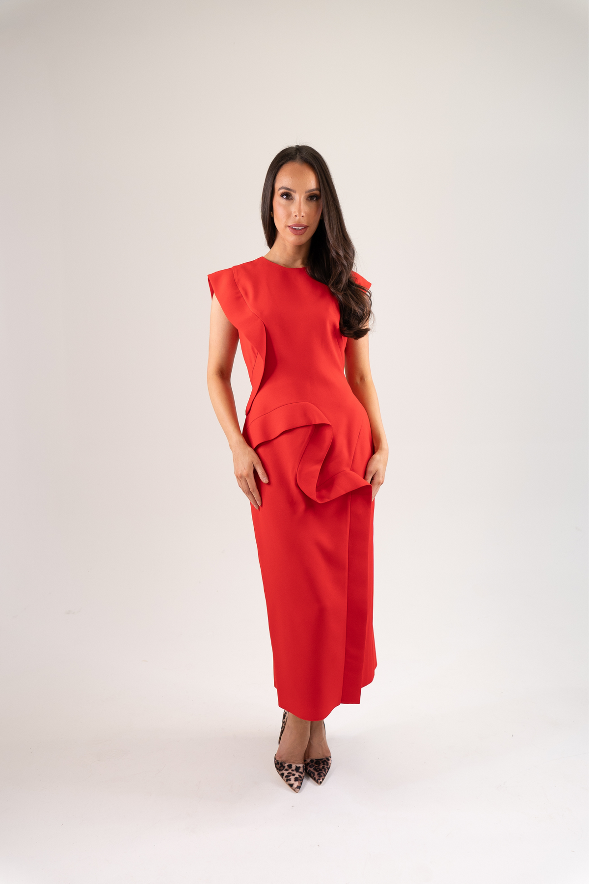 Kayla Zig Zag Ruffle Dress In Red