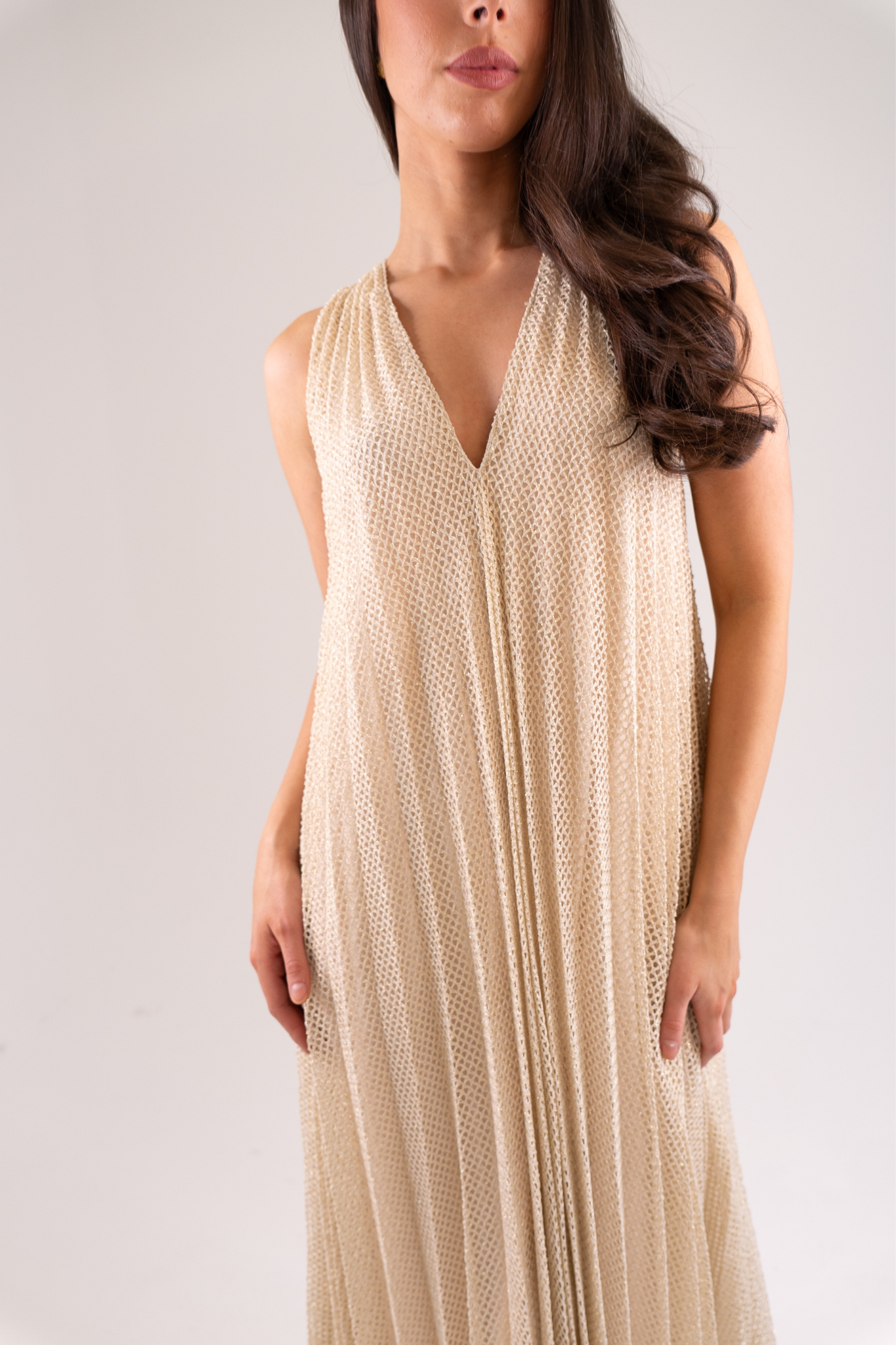 Kayla Pleated Overlay Dress In Neutral