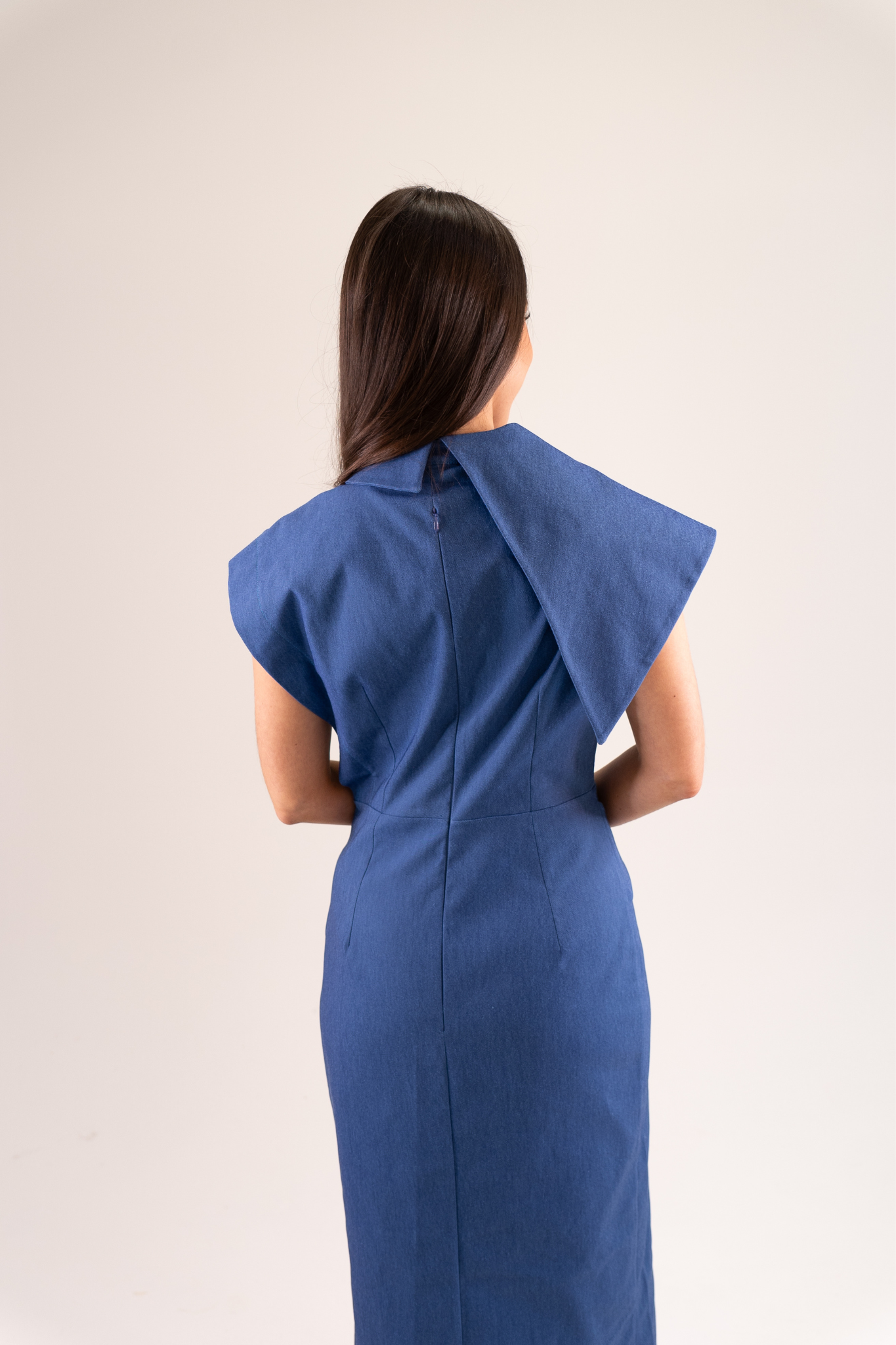 Kayla Asymmetric Collar Dress In Dark Denim