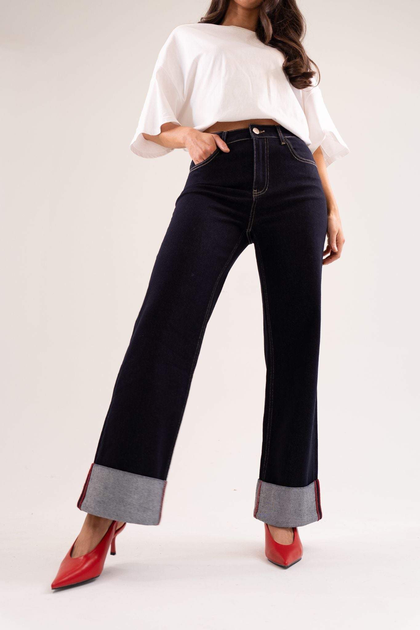Love Laura Red Trim Turn Up Jeans In Dark Wash