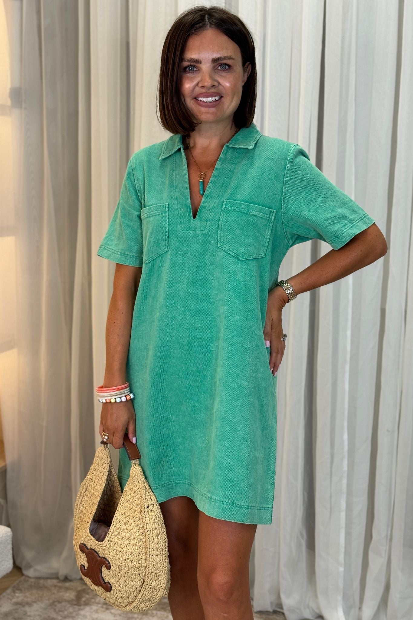 Kendra Denim Shirt Dress In Green