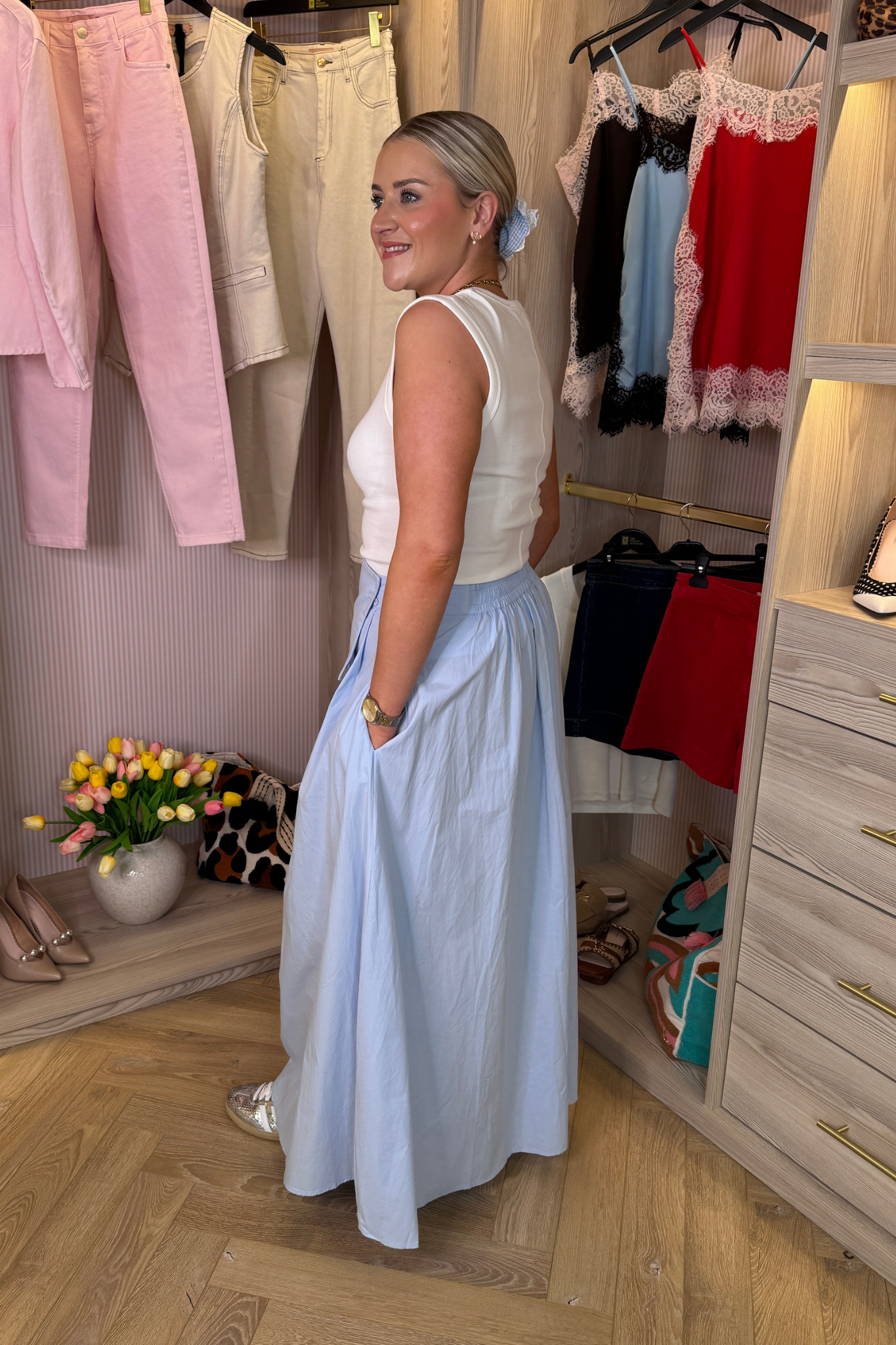 Willow Asymmetric Waist Maxi Skirt In Blue