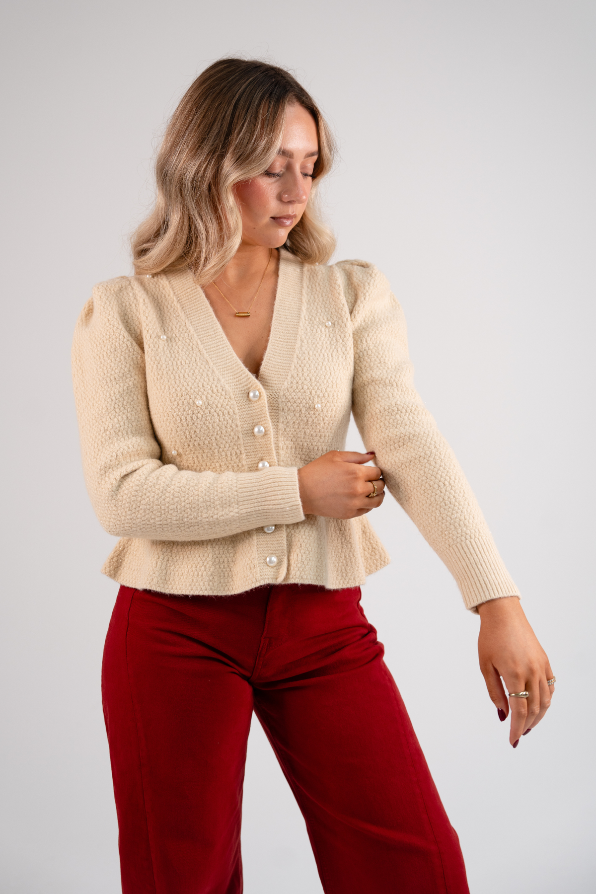 Love Laura Pearl Cardigan In Beige
