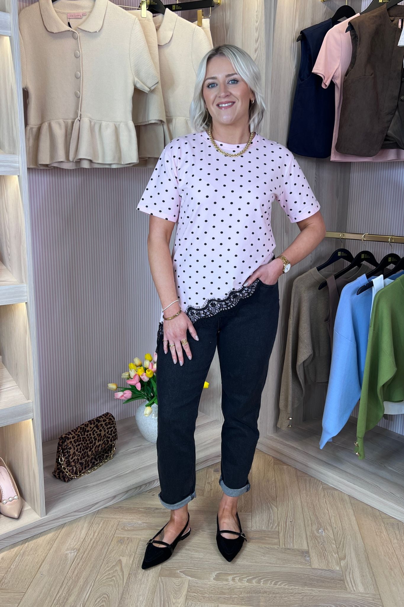 Holly Lace Trim Spotted T-Shirt In Pink