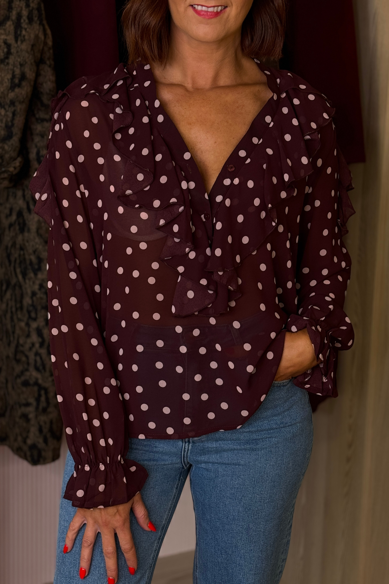 Millie Sheer Polka Dot Top In Wine