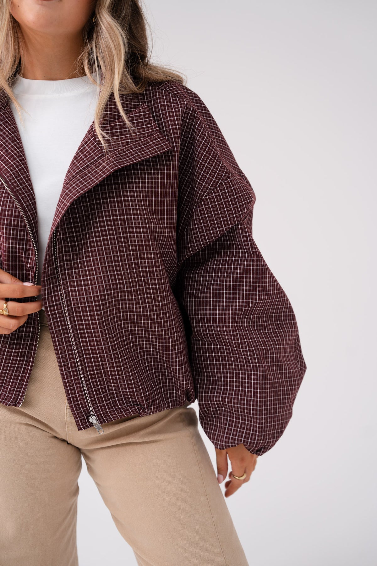 Kate Check Bomber Jacket In Burgundy