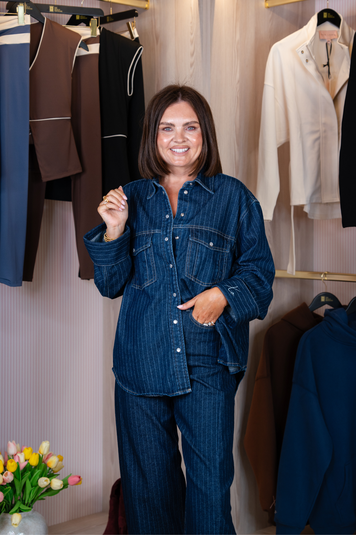 Love Laura Pinstripe Denim Shacket In Indigo