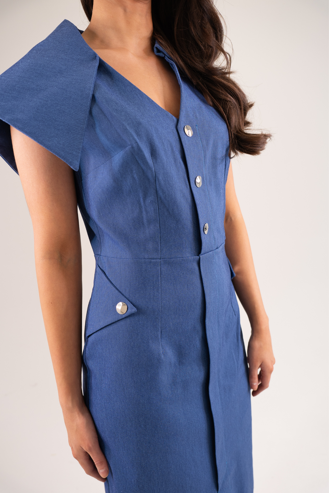 Kayla Asymmetric Collar Dress In Dark Denim