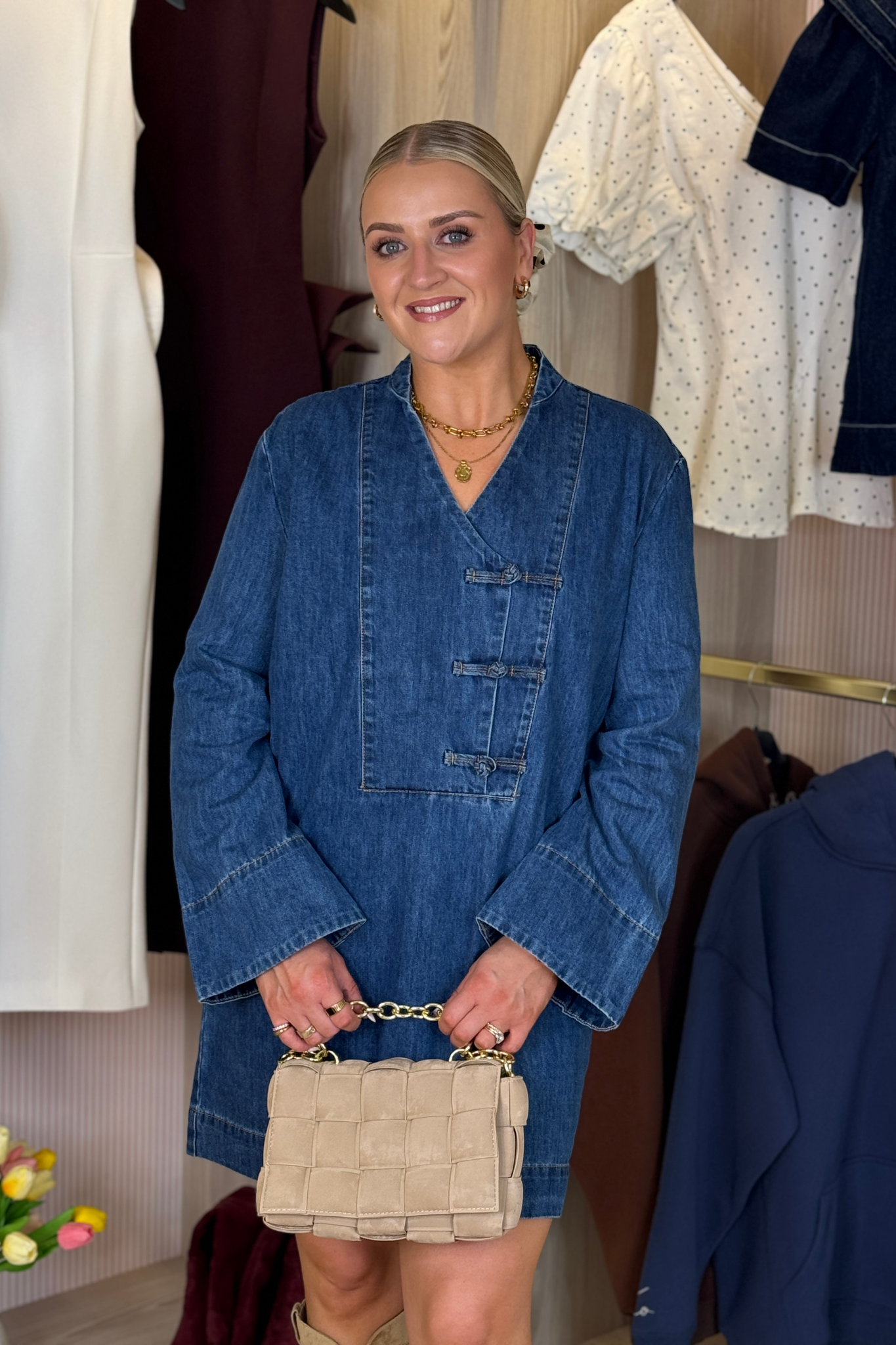 Cora Denim Shift Dress In Mid Wash