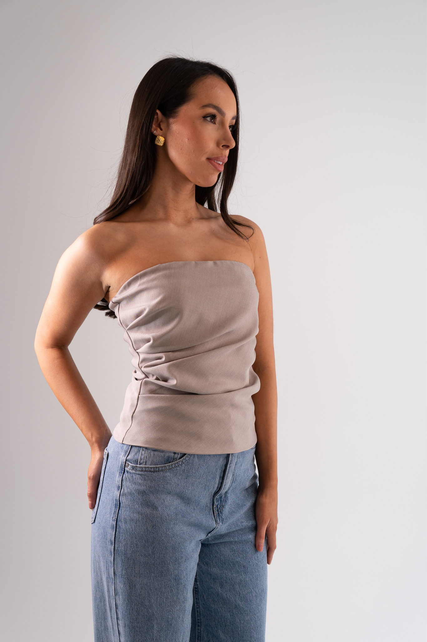 Erica Draped Strapless Top In Taupe