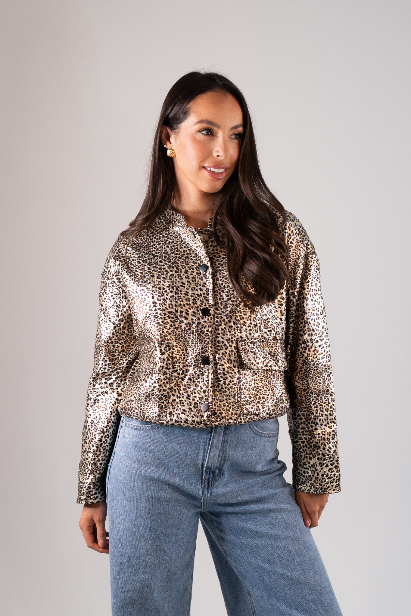 Ella Leopard Print Bomber Jacket In Gold