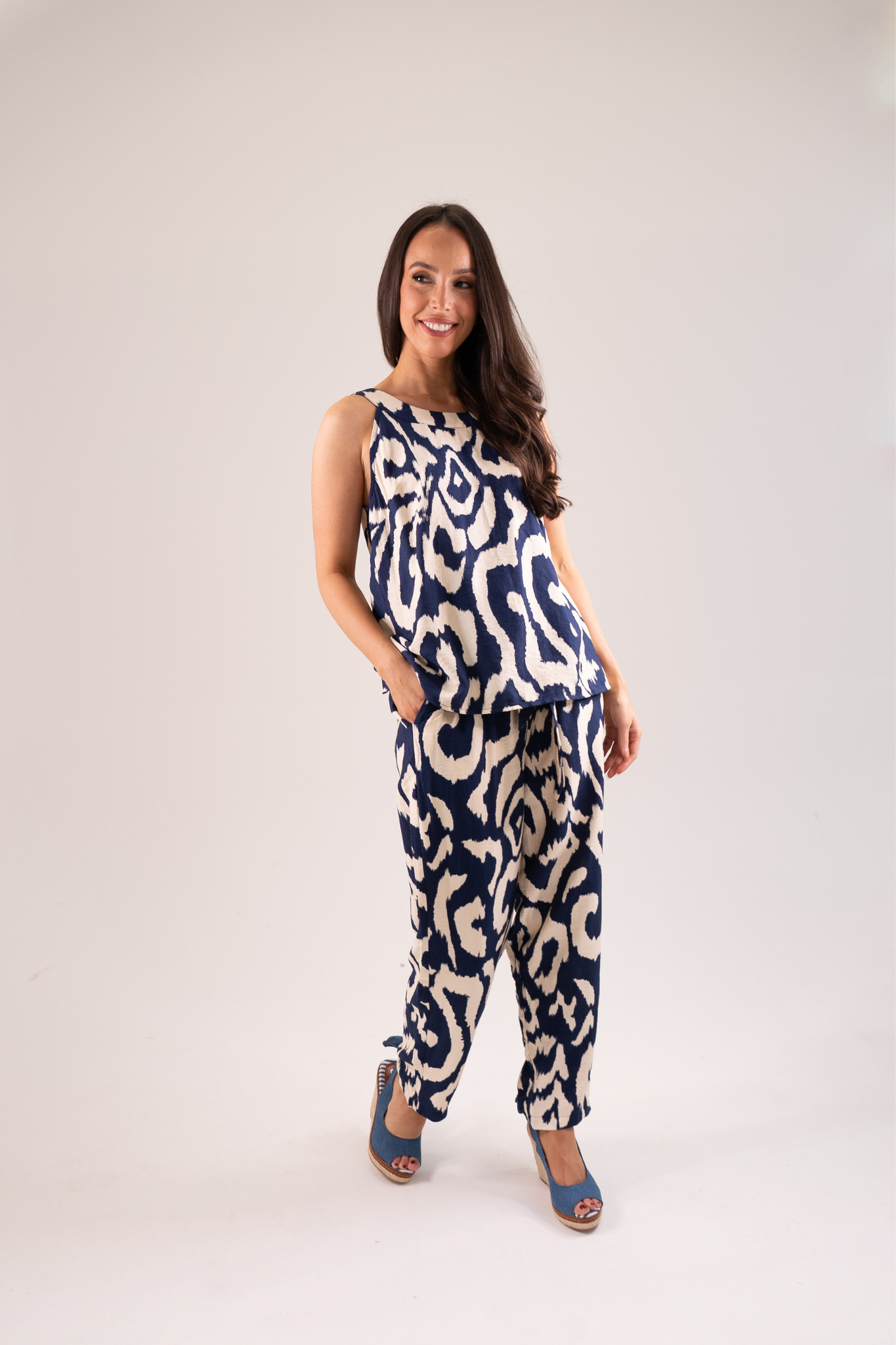 Becca Printed Paper Bag Trousers In Navy Mix