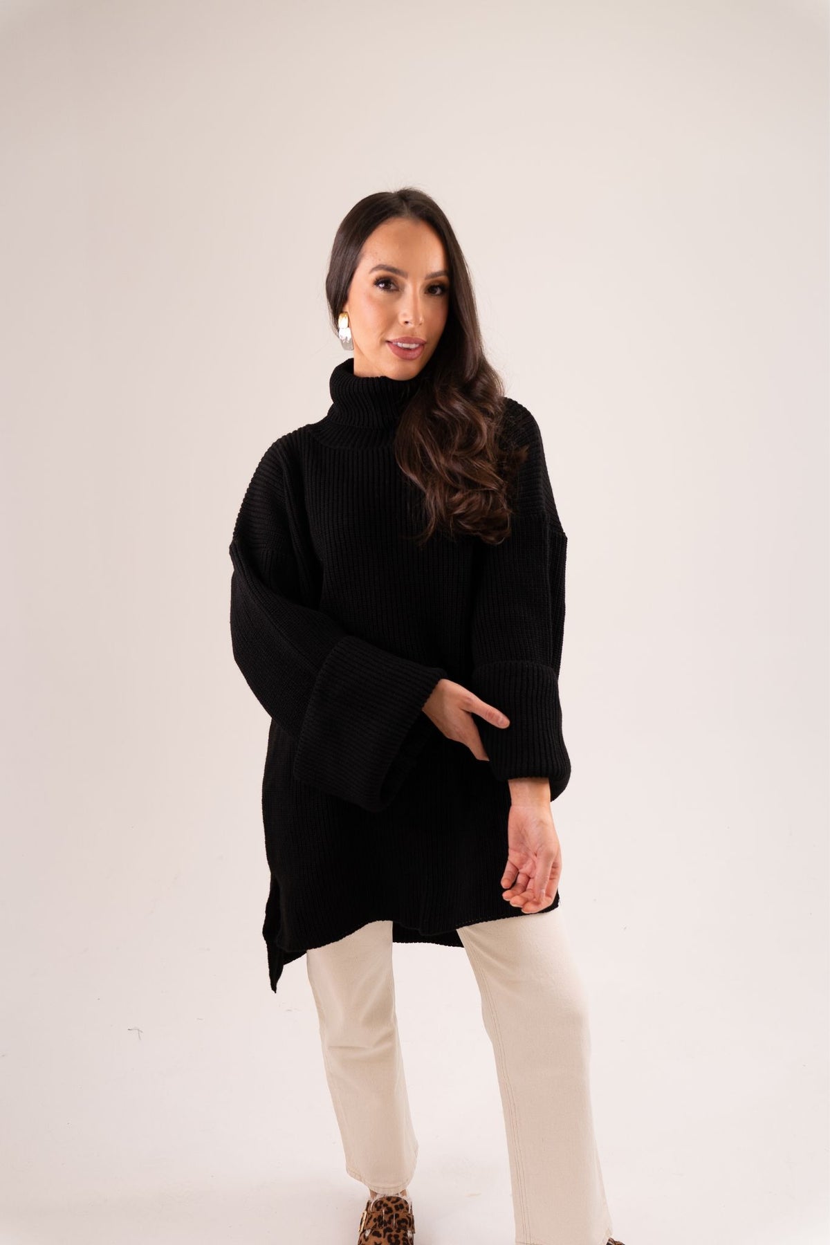 Ella Longline Polo Neck Jumper In Black