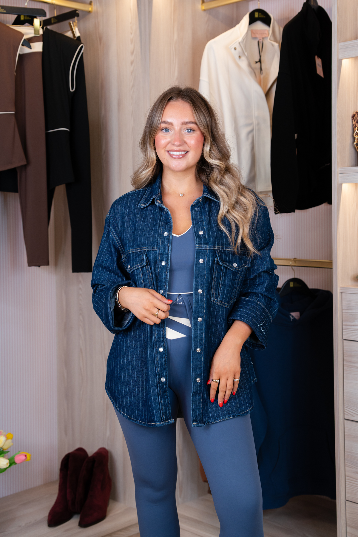 Love Laura Pinstripe Denim Shacket In Indigo