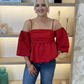 Lila Puff Sleeve Top In Red