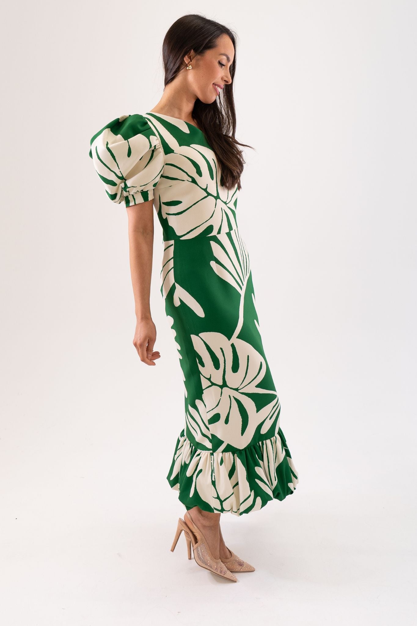 Marissa Printed One Shoulder Dress In Green