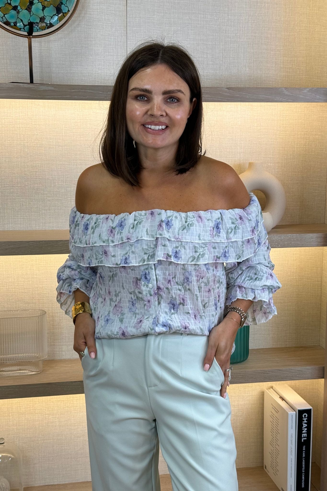 Elsa Bardot Floral Top In Lilac Mix