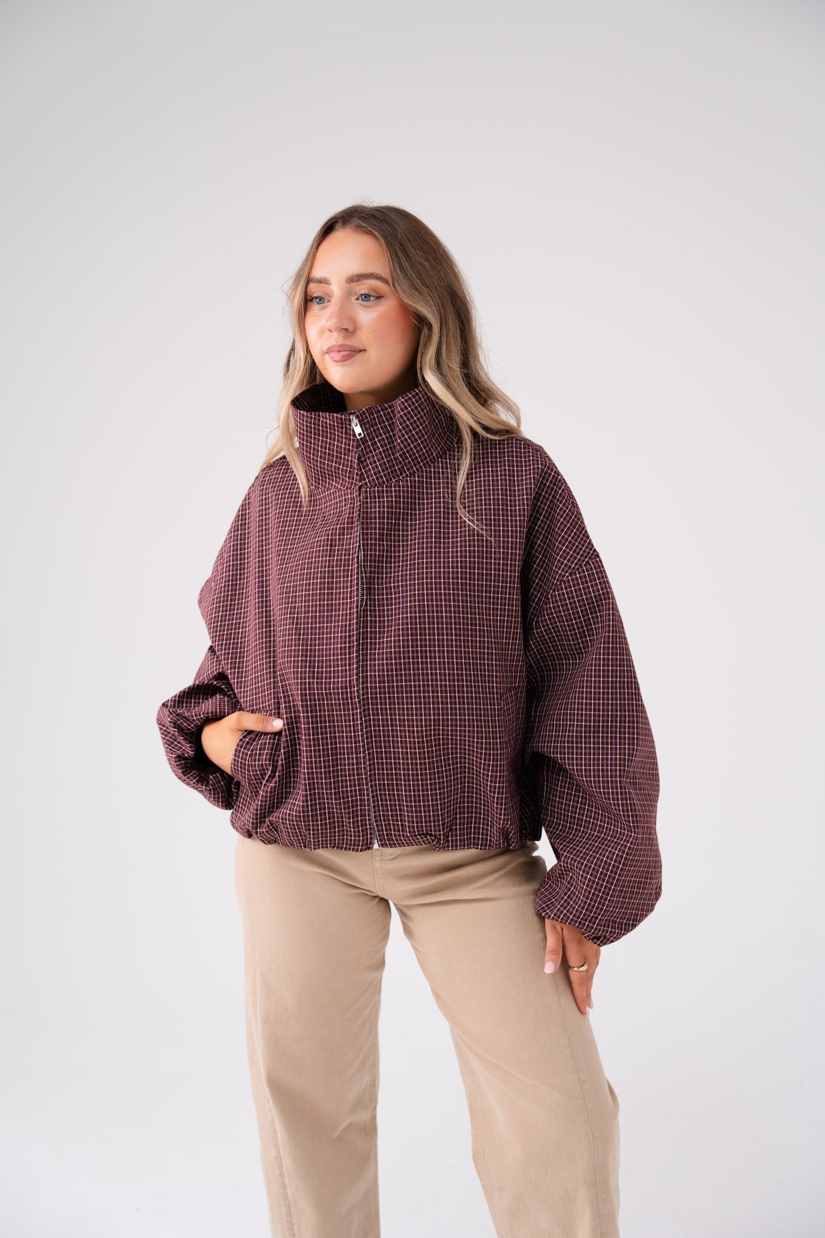 Kate Check Bomber Jacket In Burgundy