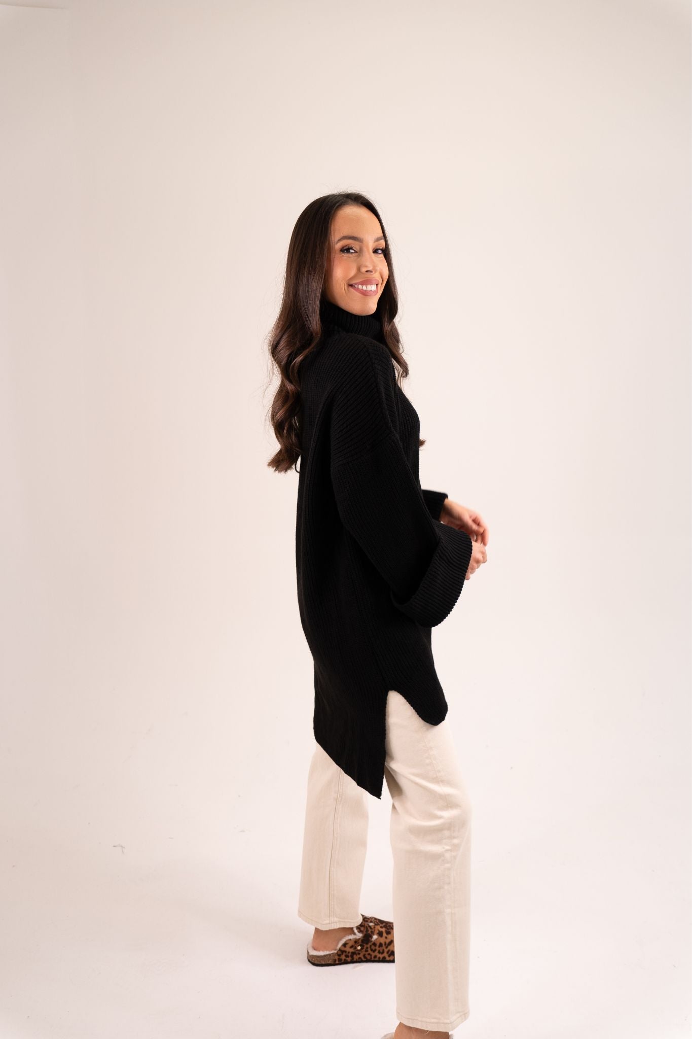 Ella Longline Polo Neck Jumper In Black