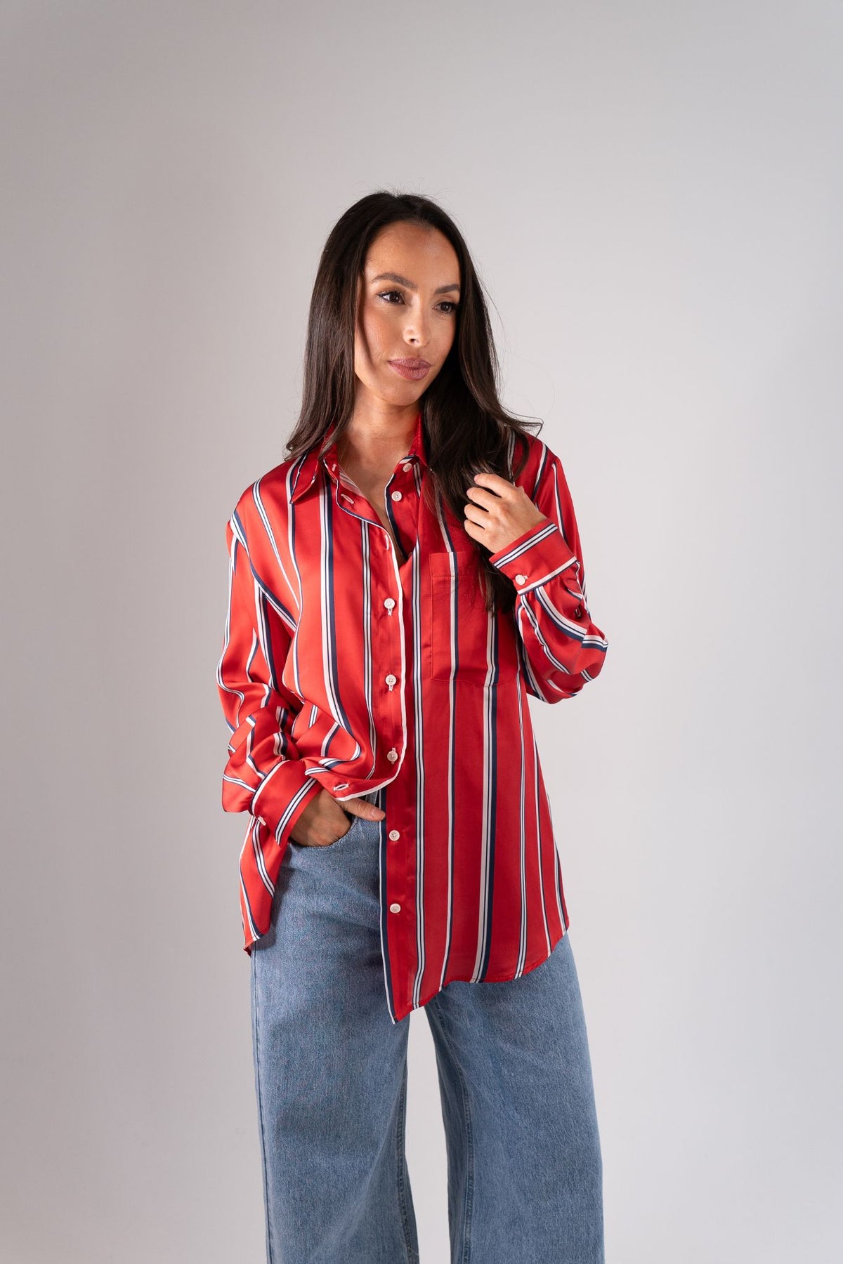 Alana Striped Satin Shirt In Red