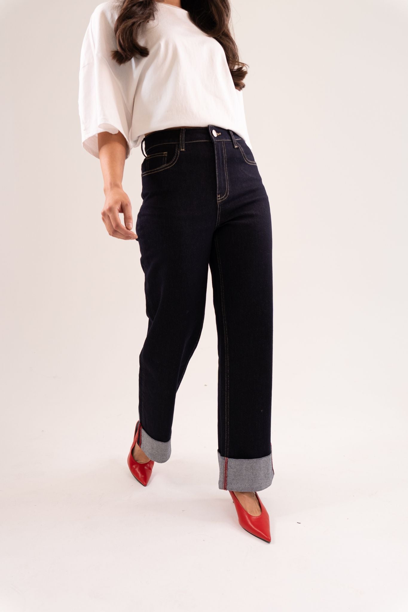 Love Laura Red Trim Turn Up Jeans In Dark Wash