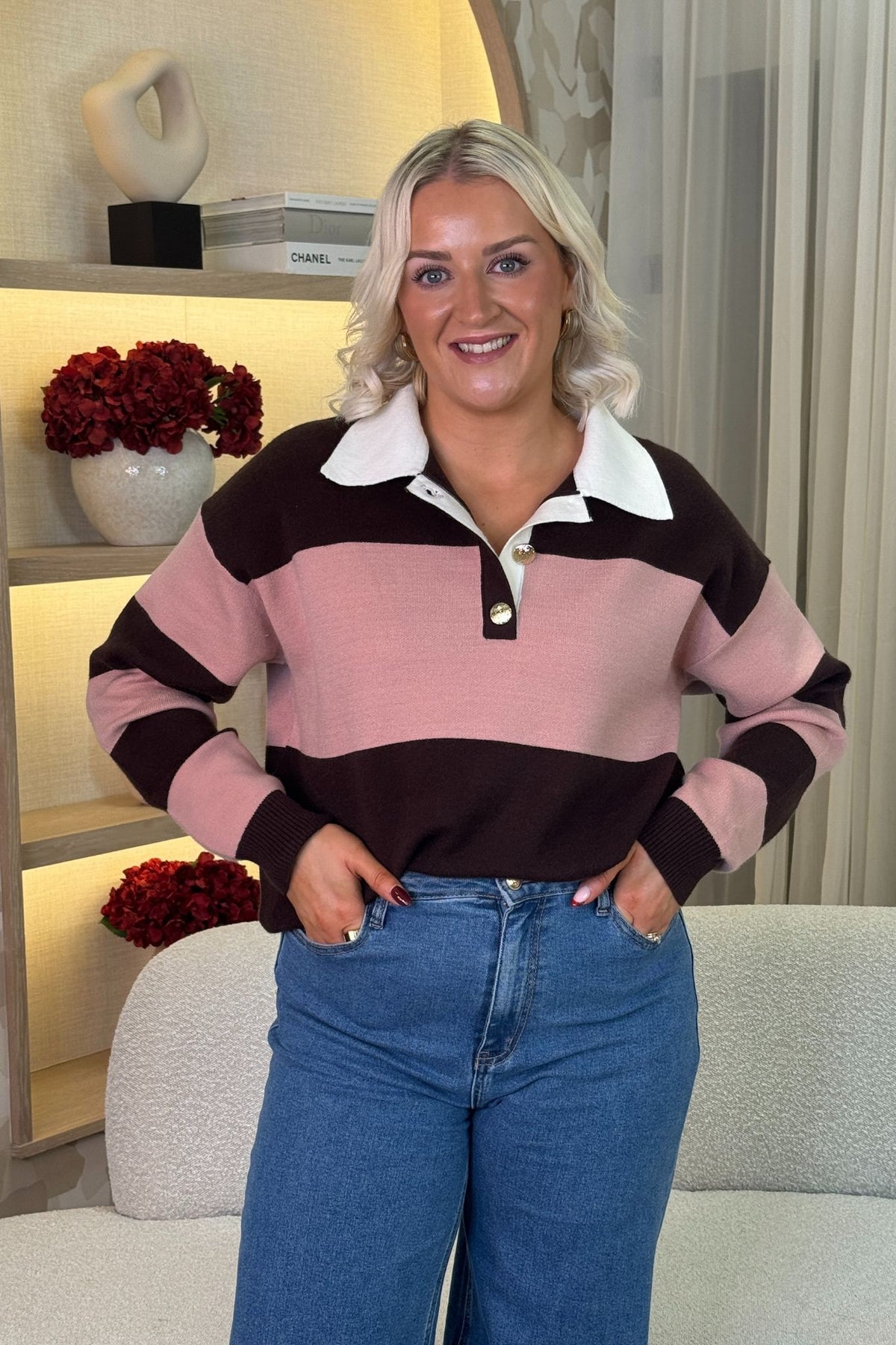 Millie Broad Stripe Rugby Top In Coffee & Pink