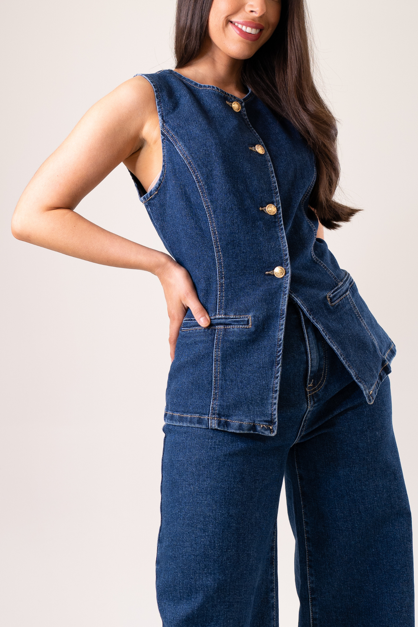 Love Laura Denim Waistcoat In Dark Wash