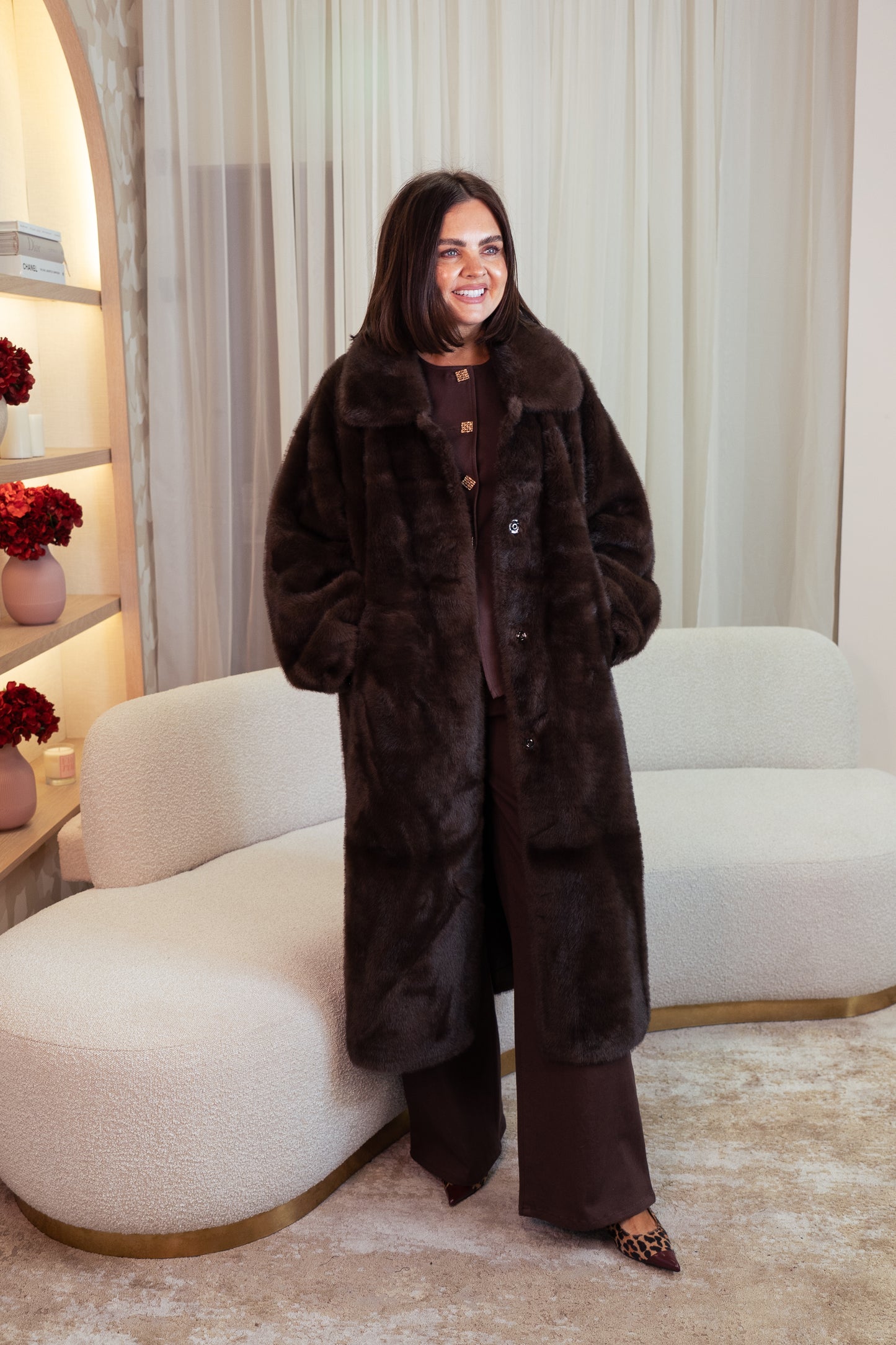 Love Laura Longline Faux Fur Coat In Chocolate
