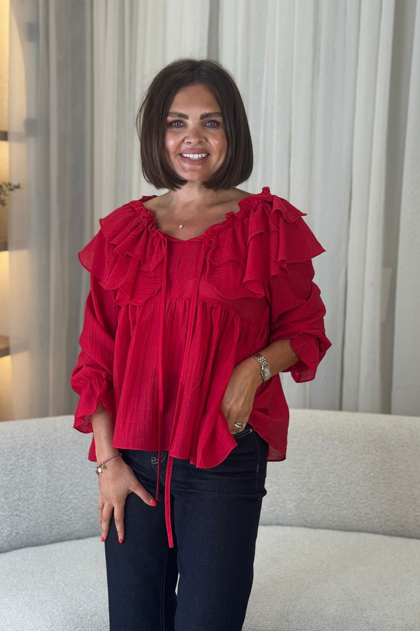 Paige Frill Detail Blouse In Red