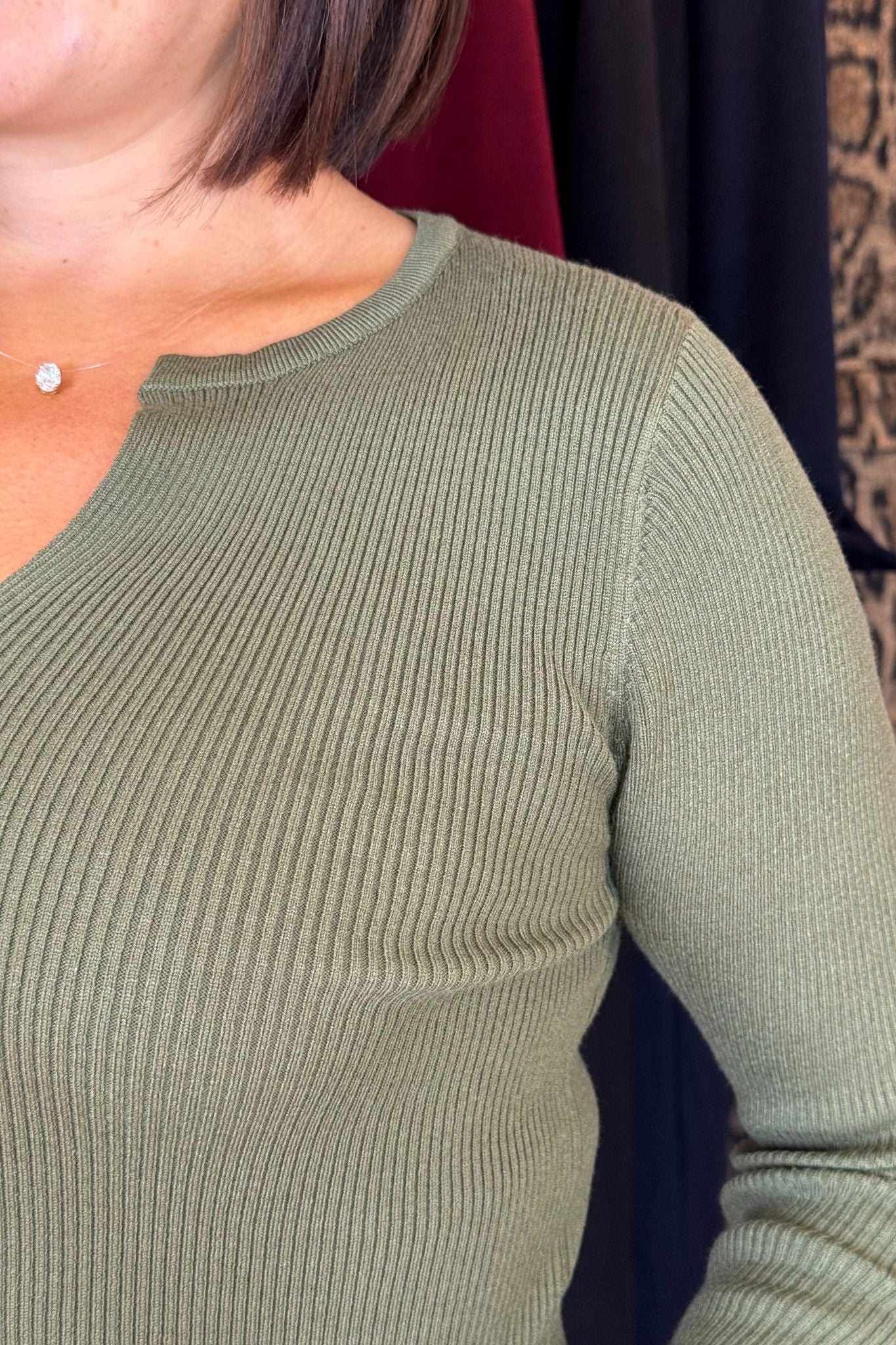 Kendra Split Neck Ribbed Jumper In Khaki