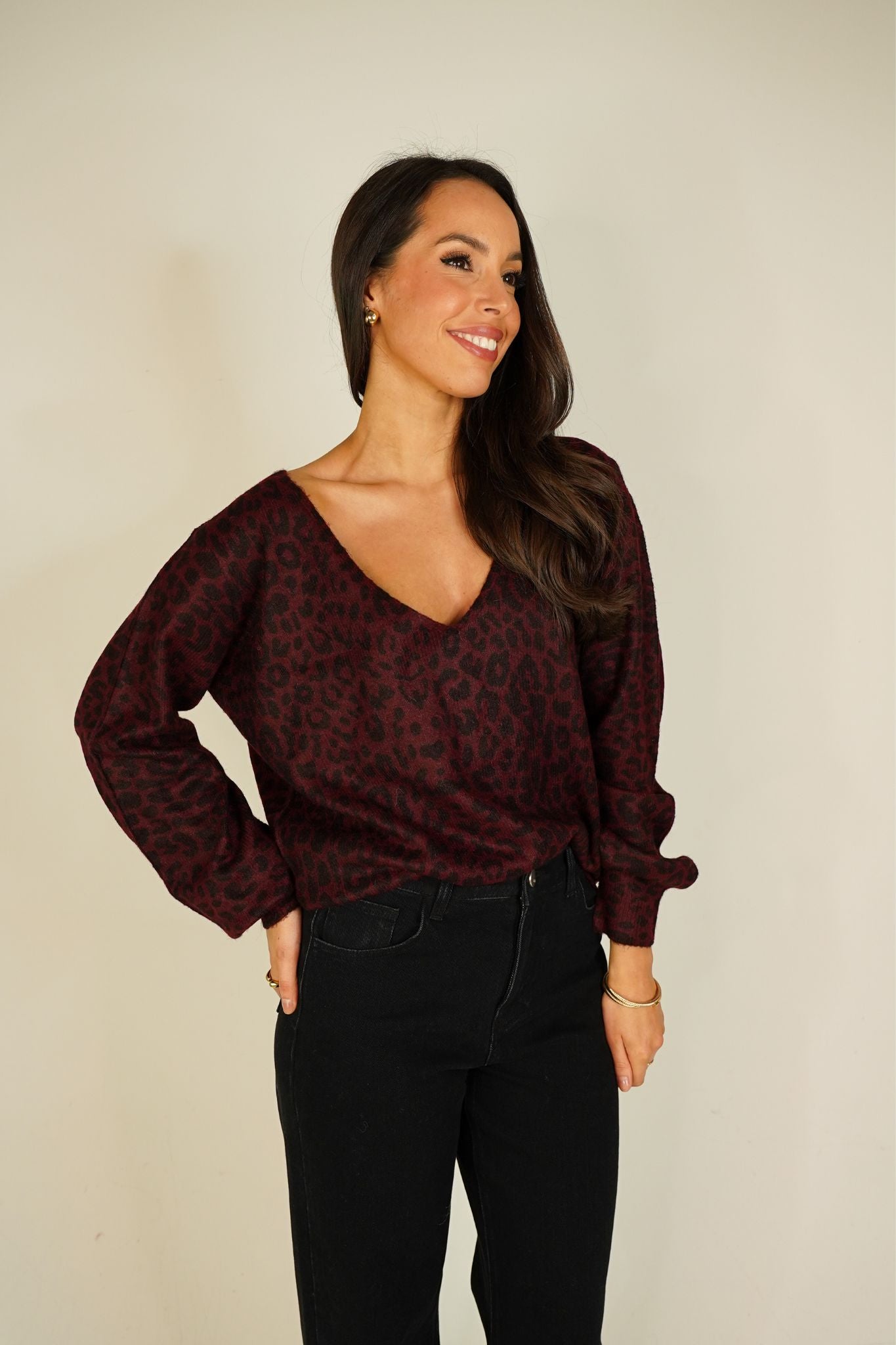 Kendra Leopard Print Jumper In Bordeaux
