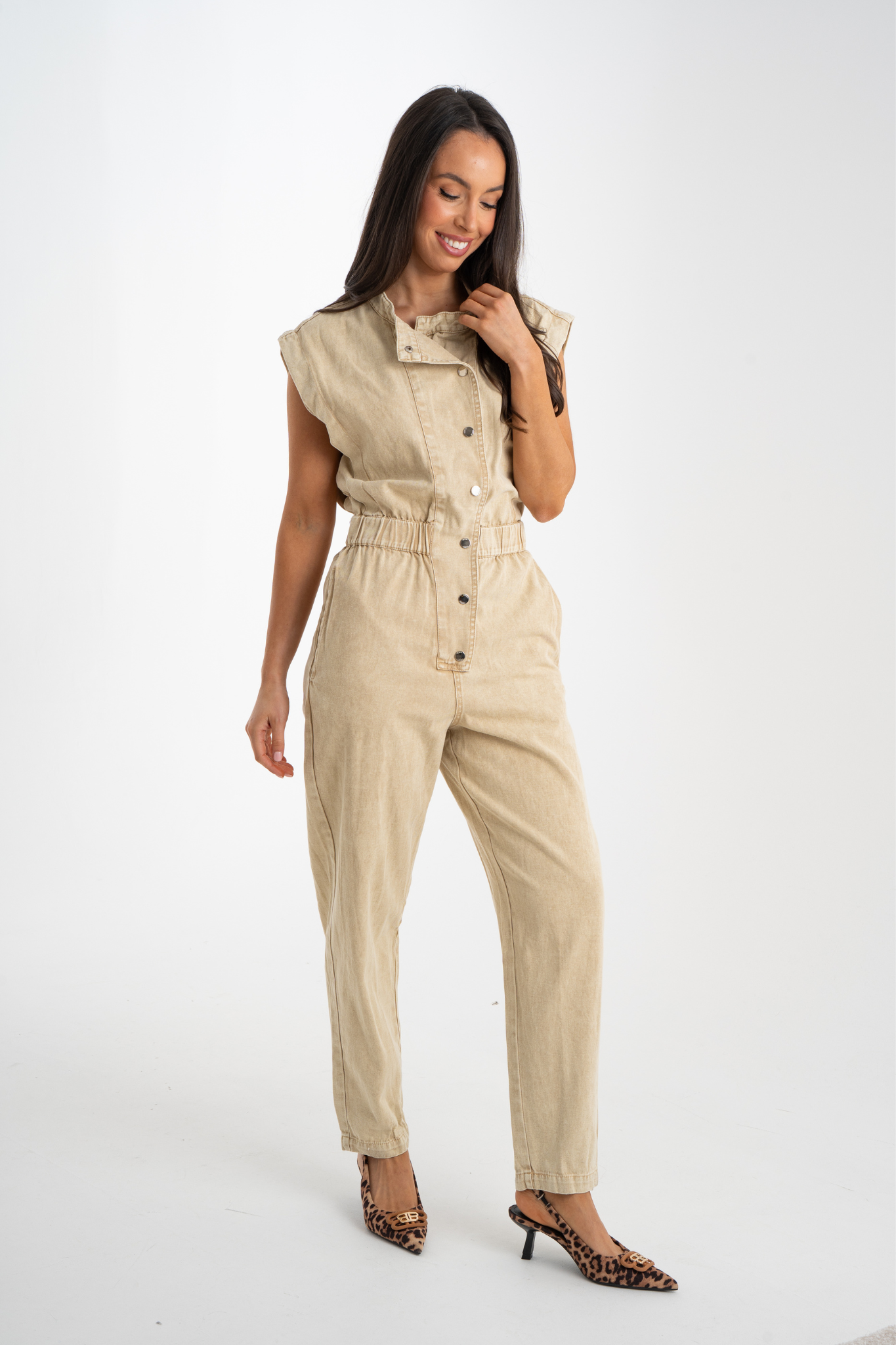 Cora Sleeveless Jumpsuit In Beige