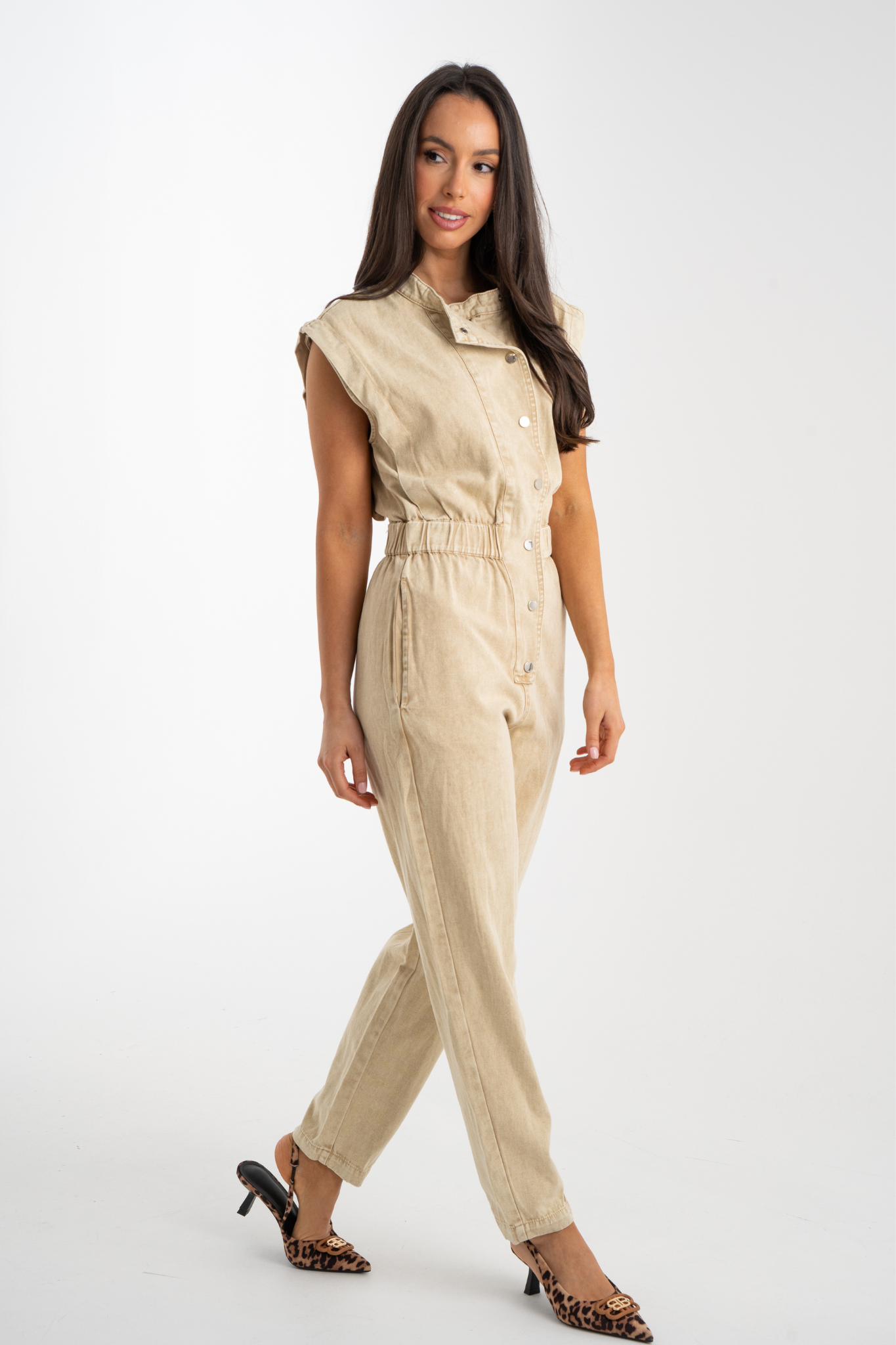 Cora Sleeveless Jumpsuit In Beige