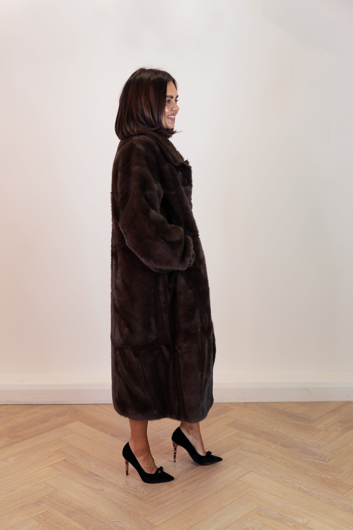 Love Laura Longline Faux Fur Coat In Chocolate