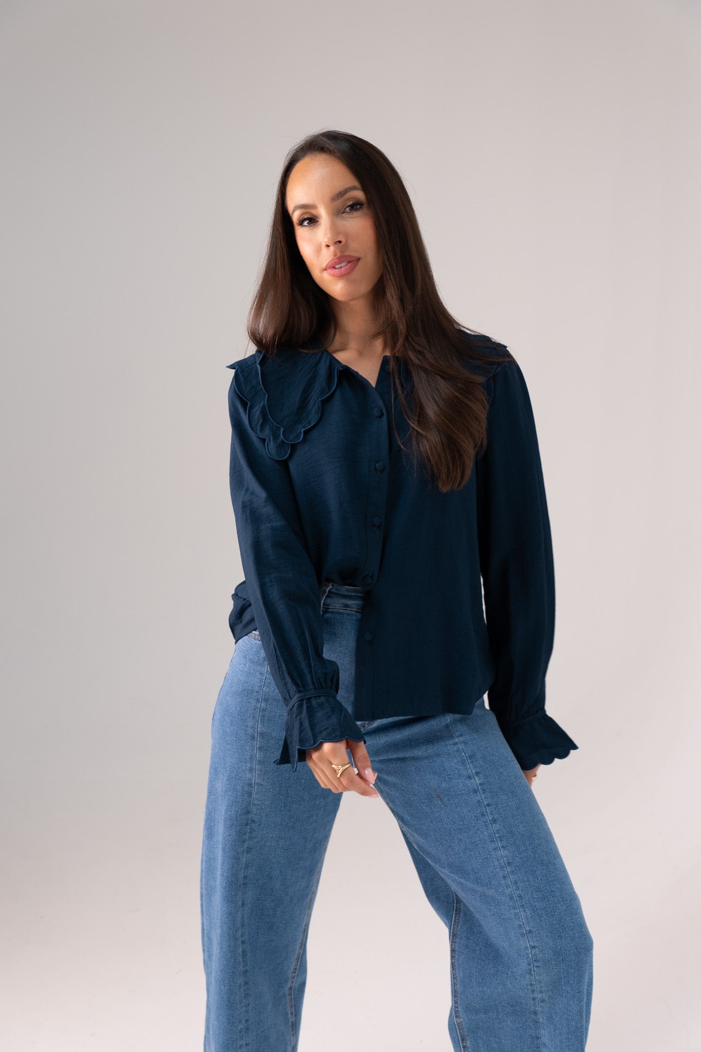 Ally Frill Collar Blouse In Denim Blue