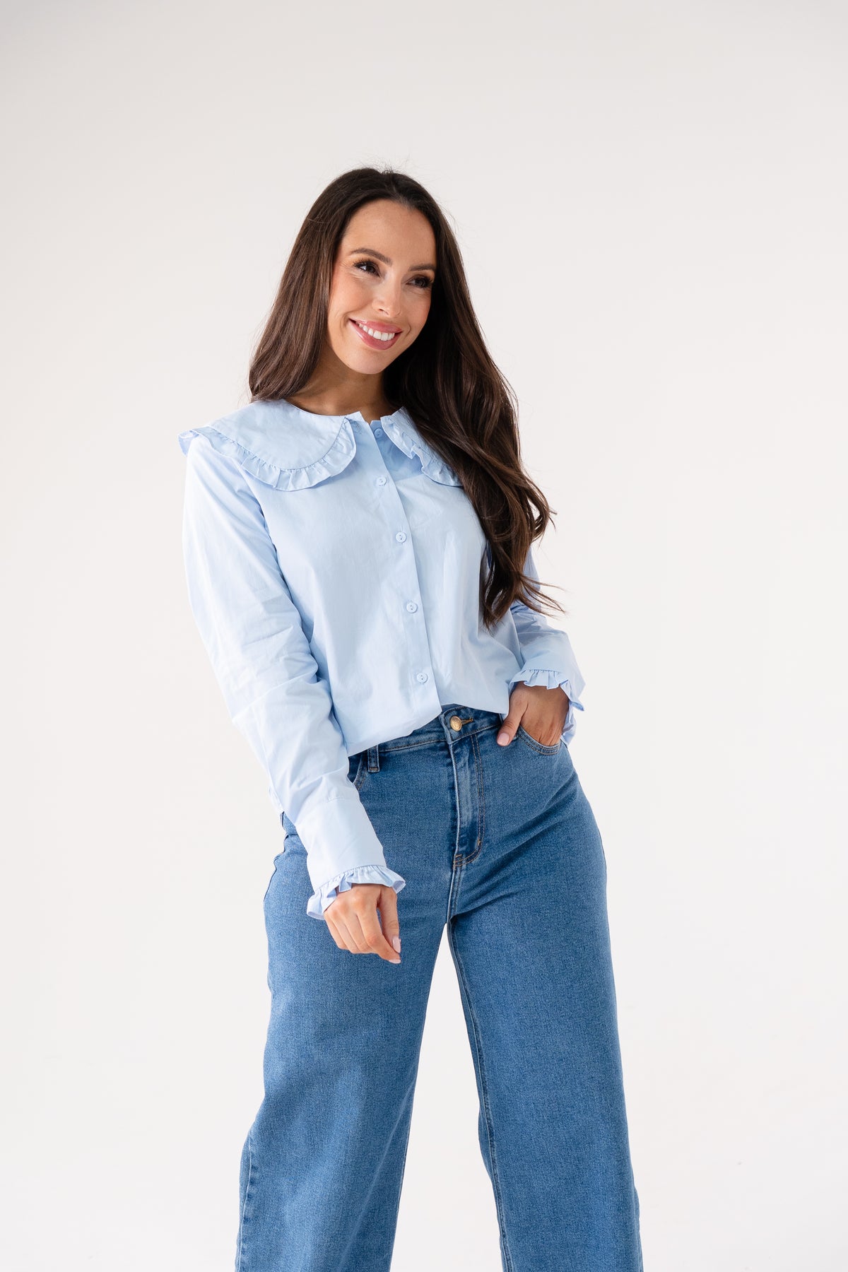 Ally Frill Collar Shirt In Sky Blue