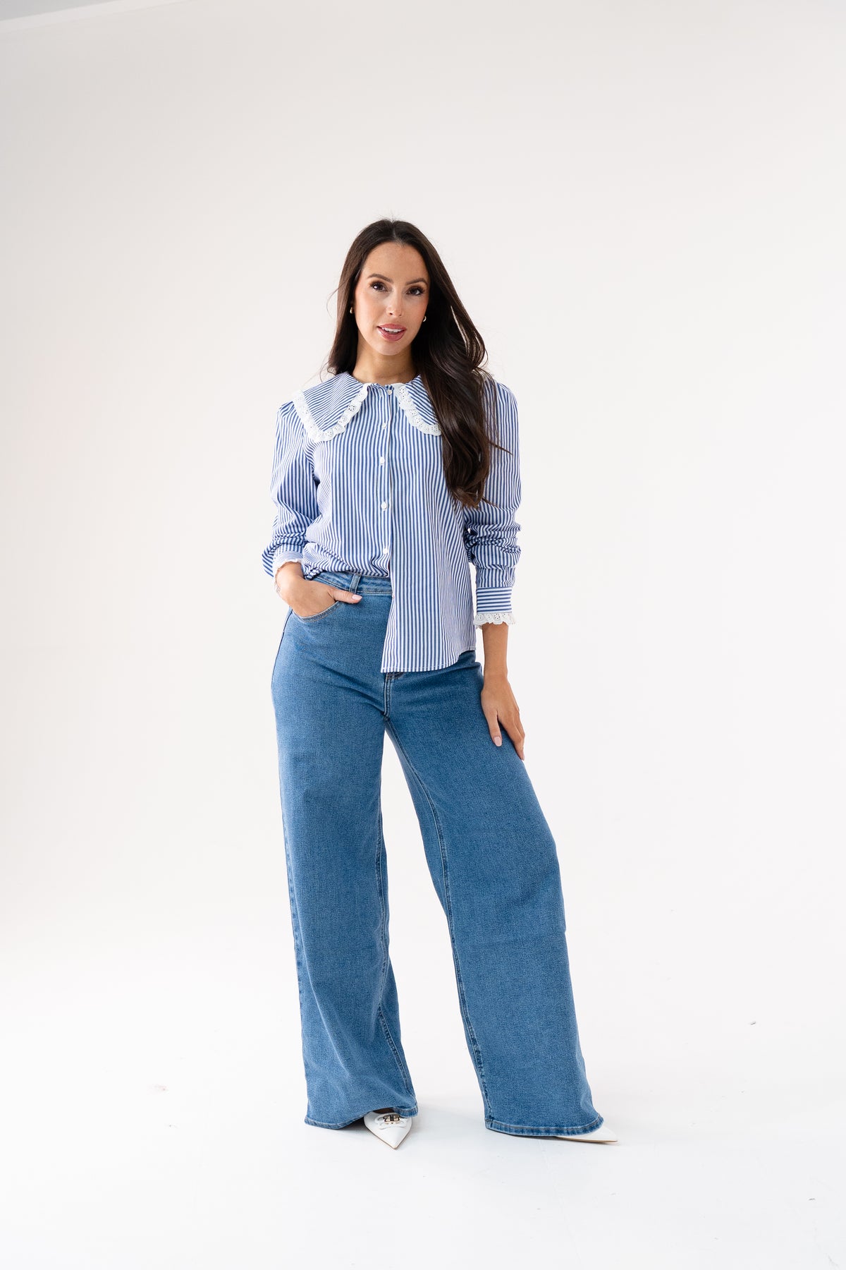Ally Pinstripe Frill Collar Shirt In Blue
